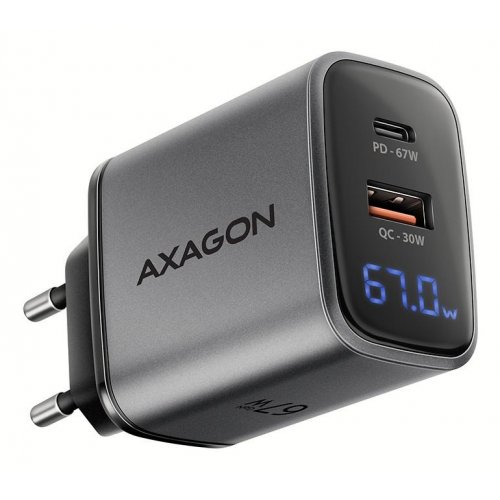 Мережевий зарядний пристрій AXAGON GaN USB + USB Type-C 67W (ACU-PQ67D) Black/Grey купити в Україні | Telemart фото