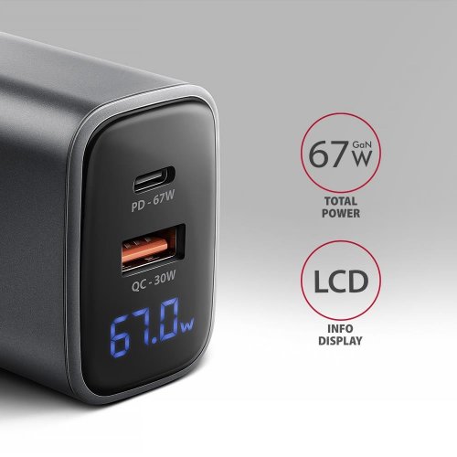 Мережевий зарядний пристрій AXAGON GaN USB + USB Type-C 67W (ACU-PQ67D) Black/Grey купити в Україні | Telemart фото
