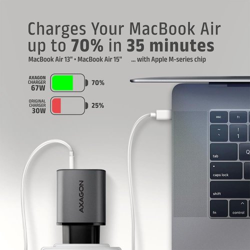 Мережевий зарядний пристрій AXAGON GaN USB + USB Type-C 67W (ACU-PQ67D) Black/Grey купити в Україні | Telemart фото