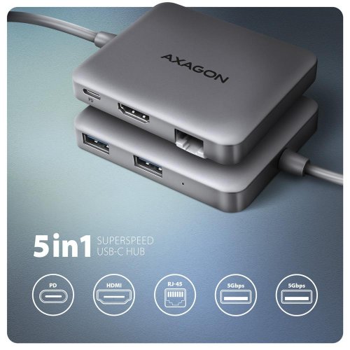 USB-хаб AXAGON USB Type-C 5 in 1 (HMC-5HL) Grey купити в Україні | Telemart фото