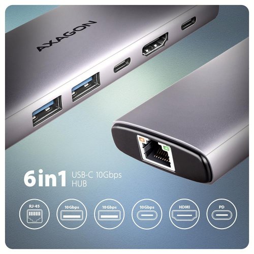 USB-хаб AXAGON USB Type-C 6 in 1 (HMC-6G2L) Grey купити в Україні | Telemart фото