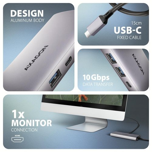 USB-хаб AXAGON USB Type-C 6 in 1 (HMC-6G2L) Grey купити в Україні | Telemart фото