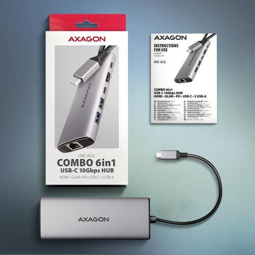 USB-хаб AXAGON USB Type-C 6 in 1 (HMC-6G2L) Grey купити в Україні | Telemart фото