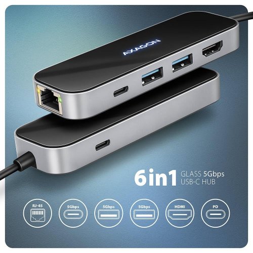 USB-хаб AXAGON Glass USB Type-C 6 in 1 (HMC-6GLN) Black/Grey купити в Україні | Telemart фото