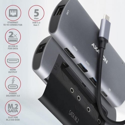 USB-хаб AXAGON Combo USB Type-C 6 in 1 (HMC-6M2) Grey купити в Україні | Telemart фото