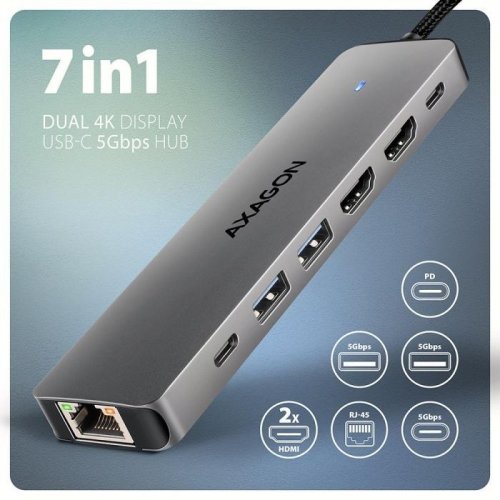 USB-хаб AXAGON Dual 4K Display USB Type-C 7 in 1 (HMC-7HX2) Grey купити в Україні | Telemart фото