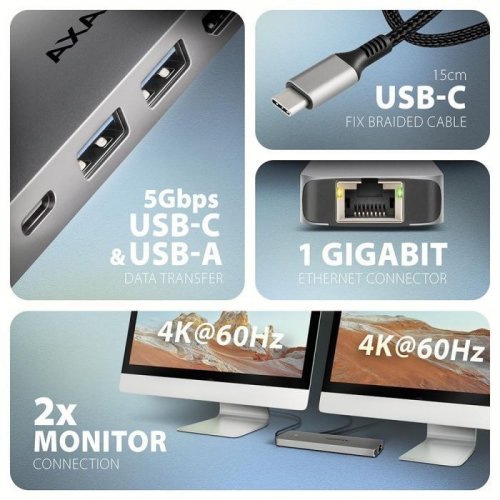 USB-хаб AXAGON Dual 4K Display USB Type-C 7 in 1 (HMC-7HX2) Grey купити в Україні | Telemart фото