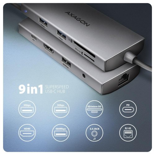 USB-хаб AXAGON USB Type-C 9 in 1 (HMC-8HLSA) Grey купити в Україні | Telemart фото