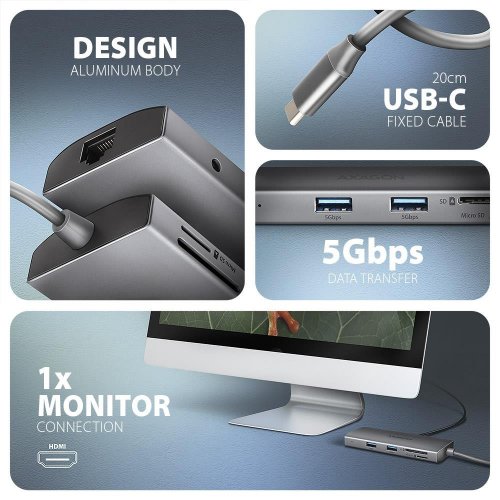 USB-хаб AXAGON USB Type-C 9 in 1 (HMC-8HLSA) Grey купити в Україні | Telemart фото
