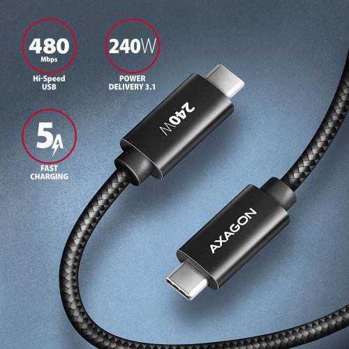 Кабель AXAGON USB Type-C to USB Type-C 240W 2m (BUCM2-CM20AB) Black купити в Україні | Telemart фото