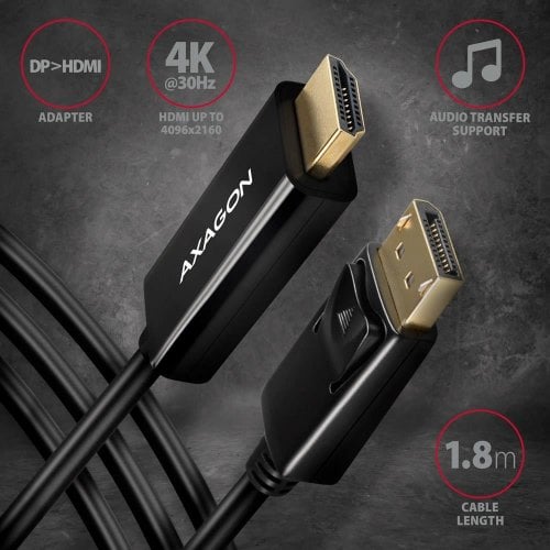 Кабель AXAGON DisplayPort to HDMI V1.4b 4K 1.8m (RVD-HI14C2) Black купить в Украине | Telemart фото