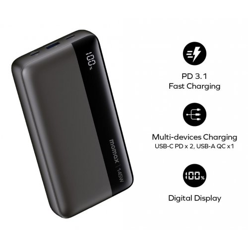 Powerbank Momax 25000mAh 145W (IP150D) Black купити в Україні | Telemart фото
