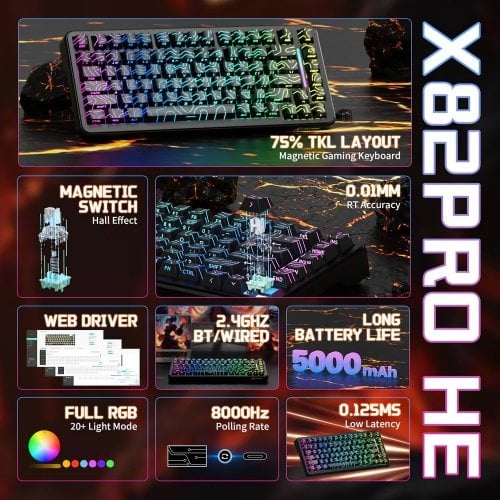 Уценка клавиатура Attack Shark X82 Pro RGB HE Magnetic Switch Wireless (AS-6972792470696-BCL) Black Contour Line (Вскрытая упаковка, 919507) купить в Украине | Telemart фото