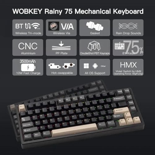 Клавіатура WOBKEY Rainy 75 RGB HMX Violet Linear Switch Wireless (6976818170140) Black купити в Україні | Telemart фото