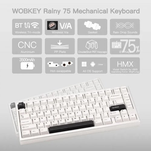 Клавіатура WOBKEY Rainy 75 RGB HMX Violet Linear Switch Wireless (6976818170171) White купити в Україні | Telemart фото