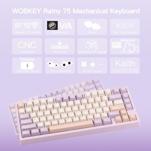 Клавиатура WOBKEY Rainy 75 Pro RGB Kailh Cocoa Switch Wireless (6976818170348) Purple купить в Украине | Telemart фото