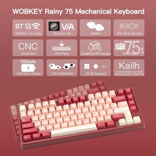 Клавиатура WOBKEY Rainy 75 Pro RGB Kailh Cocoa Switch Wireless (6976818170232) Red купить в Украине | Telemart фото