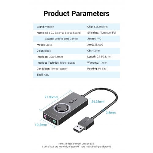 Звуковая карта Vention USB 2.0 External Sound Adapter with Volume Control 0.15m (CDRBB) Black купить в Украине | Telemart фото