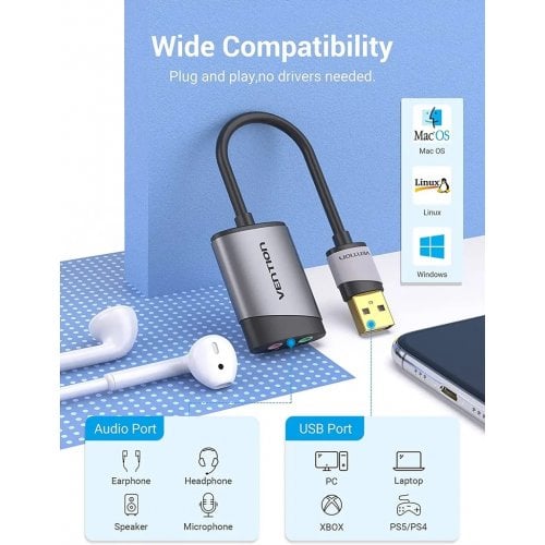 Звуковая карта Vention USB External Sound Card 0.15m (CDKHB) Grey купить в Украине | Telemart фото
