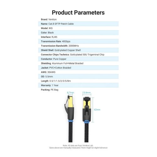 Патч-корд Vention Cotton Braided SFTP, RJ45, Cat8 5m (IKGBJ) Black купить в Украине | Telemart фото