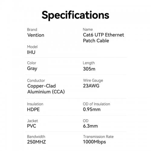 Кабель Vention UTP, RJ45, Cat6 305m (IHUH305) Grey купить в Украине | Telemart фото