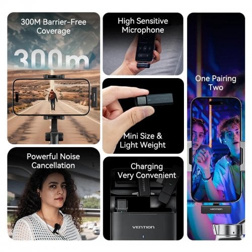 Беспроводной петличный микрофон Vention USB-C 2-Pack Wireless Lavalier with Charging Case (NCAB0) Black купить в Украине | Telemart фото