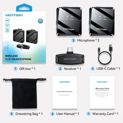 Беспроводной петличный микрофон Vention USB-C 2-Pack Wireless Lavalier (NCBB0) Black купить в Украине | Telemart фото