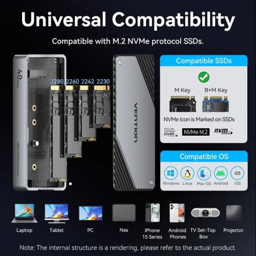 Внешний карман Vention M.2 SSD NVME Enclosure USB4 (KPZH0) Grey купить в Украине | Telemart фото