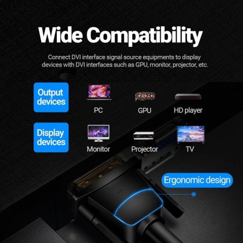 Кабель Vention DVI-D to DVI-D 2K 3m (EAABI) Black купить в Украине | Telemart фото