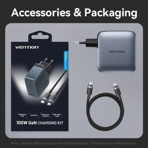 Сетевое зарядное устройство Vention GaN USB + 3 x USB Type-C 100W (TZ-FETH0-EU) Black купить в Украине | Telemart фото