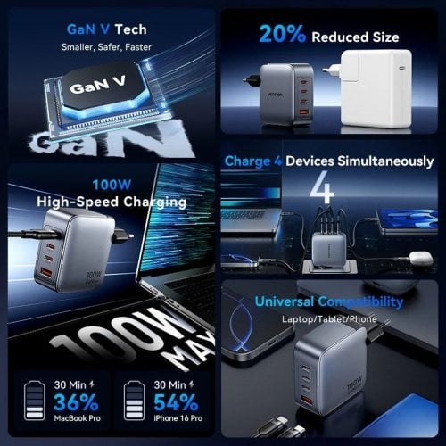 Сетевое зарядное устройство Vention GaN USB + 3 x USB Type-C 100W (TZ-FETH0-EU) Black купить в Украине | Telemart фото