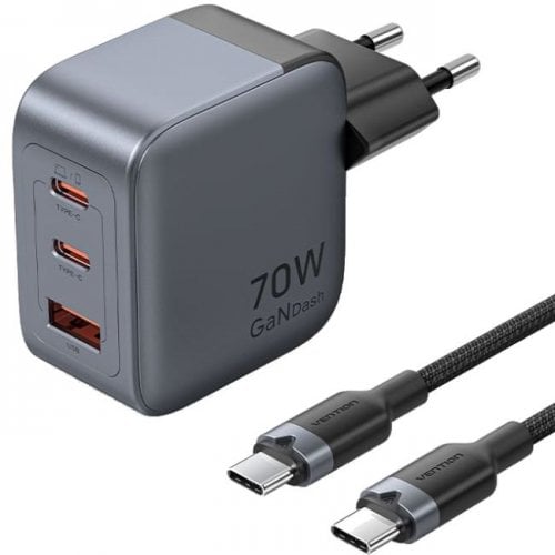 Сетевое зарядное устройство Vention GaN USB + 2 x USB Type-C 70W (TZ-FEXH0-EU) Black купить в Украине | Telemart фото