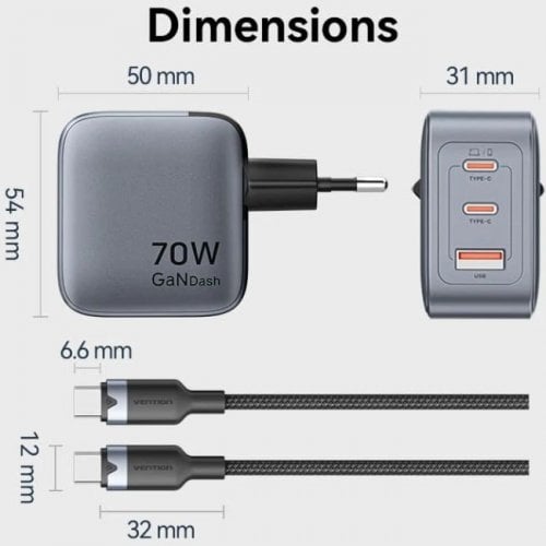 Сетевое зарядное устройство Vention GaN USB + 2 x USB Type-C 70W (TZ-FEXH0-EU) Black купить в Украине | Telemart фото