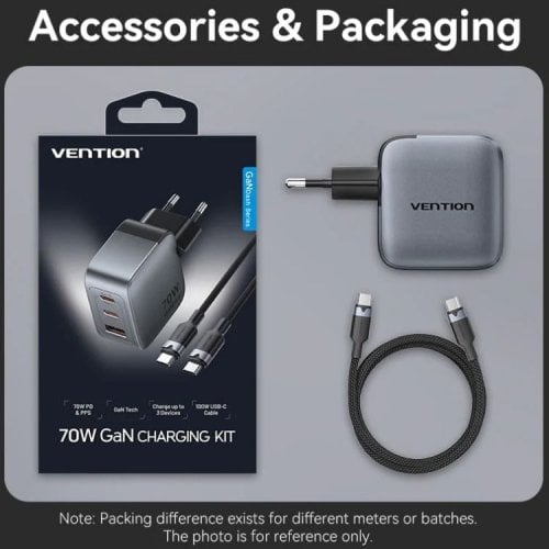 Сетевое зарядное устройство Vention GaN USB + 2 x USB Type-C 70W (TZ-FEXH0-EU) Black купить в Украине | Telemart фото