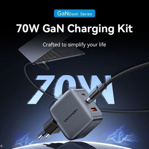 Сетевое зарядное устройство Vention GaN USB + 2 x USB Type-C 70W (TZ-FEXH0-EU) Black купить в Украине | Telemart фото