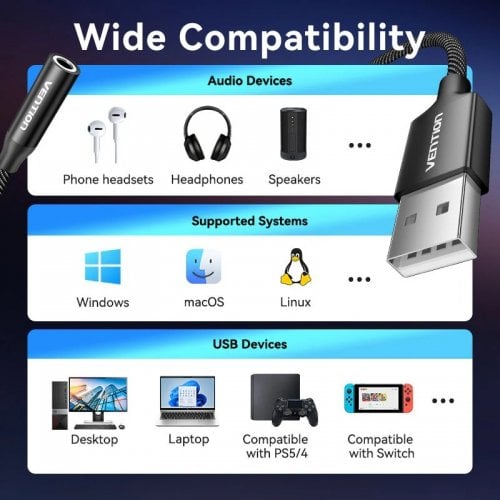 Звуковая карта Vention USB to Jack 3.5mm 0.25m (CVEBC) Black купить в Украине | Telemart фото