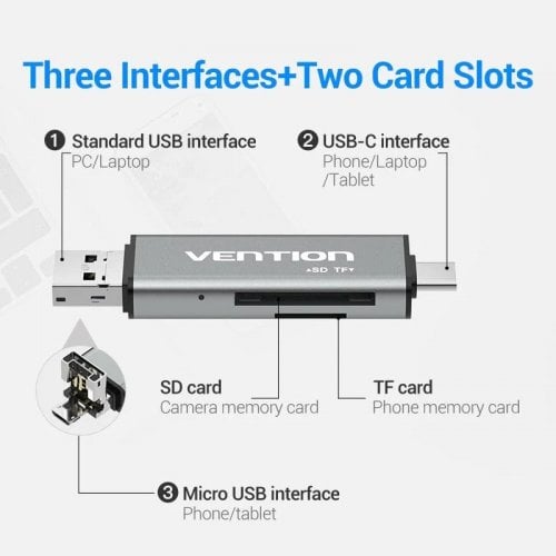 Кардридер Vention Cardreader USB 2.0/USB Type-C/microUSB 2 in 1 (CCJH0) Grey купить в Украине | Telemart фото