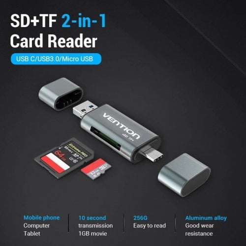 Кардридер Vention Cardreader USB 3.0/USB Type-C/microUSB 2 in 1 (CCHH0) Grey купить в Украине | Telemart фото