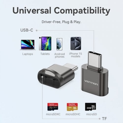 Кардридер Vention Cardreader USB Type-C to microSD (CLMH0) Grey купить в Украине | Telemart фото