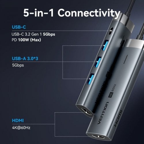 Док-станція Vention Docking Station USB Type-C 5 in 1 (TGMHB) Grey купити в Україні | Telemart фото