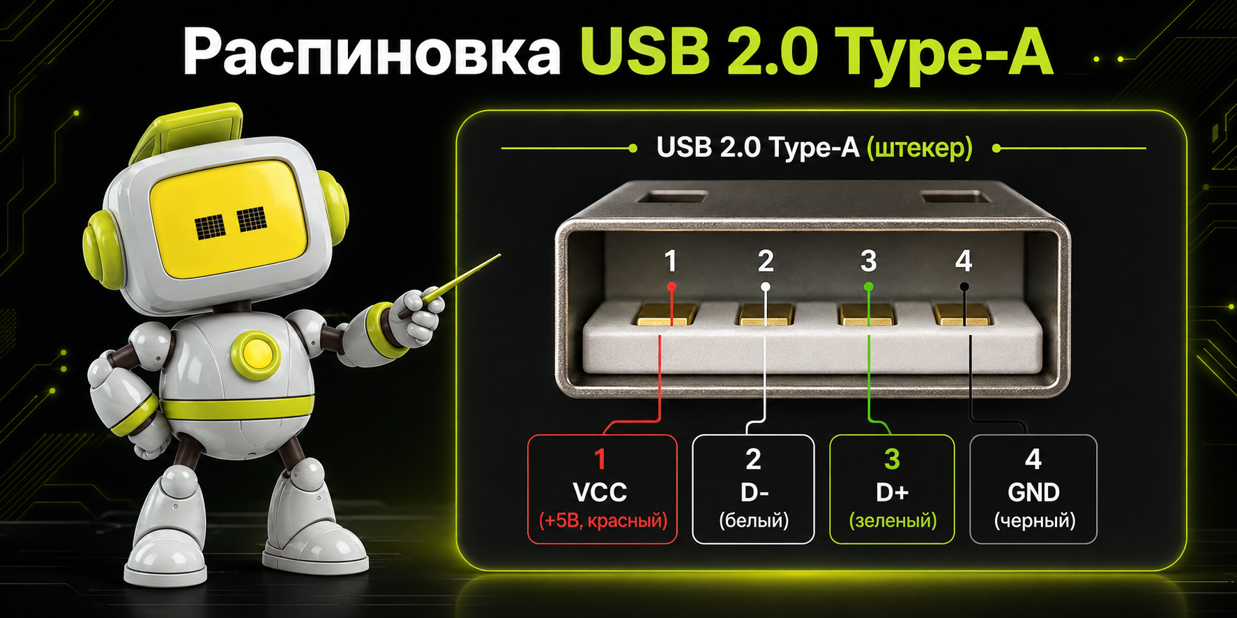 Распиновка USB 2.0 Type-A: контакты VCC, D-, D+ и GND