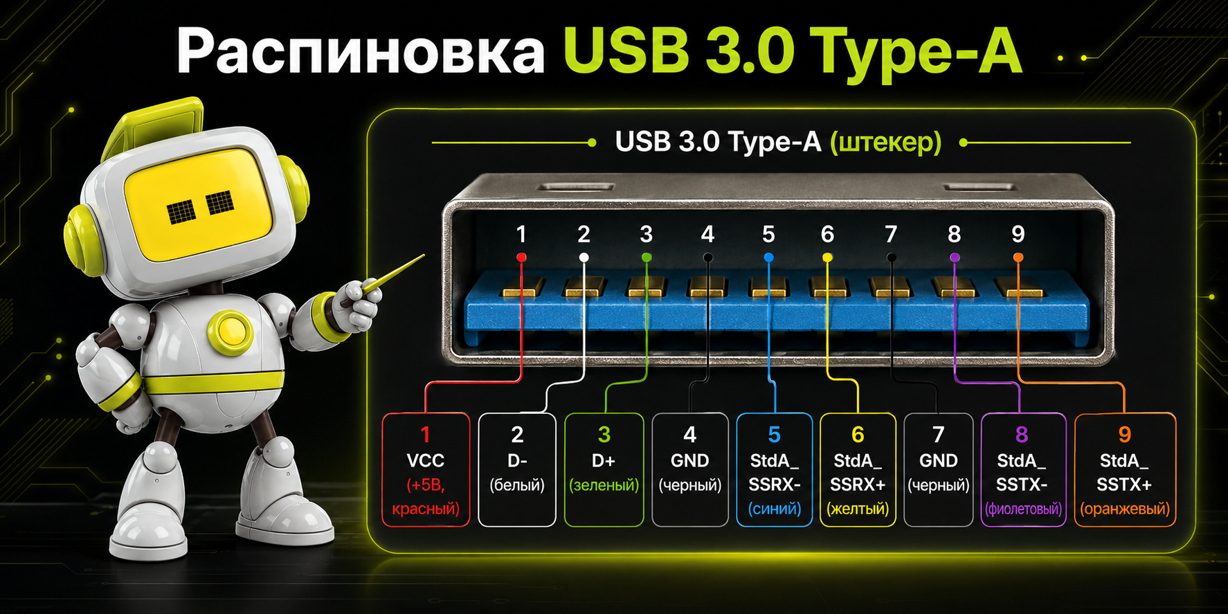 Распиновка USB 3.0 Type-A с девятью контактами