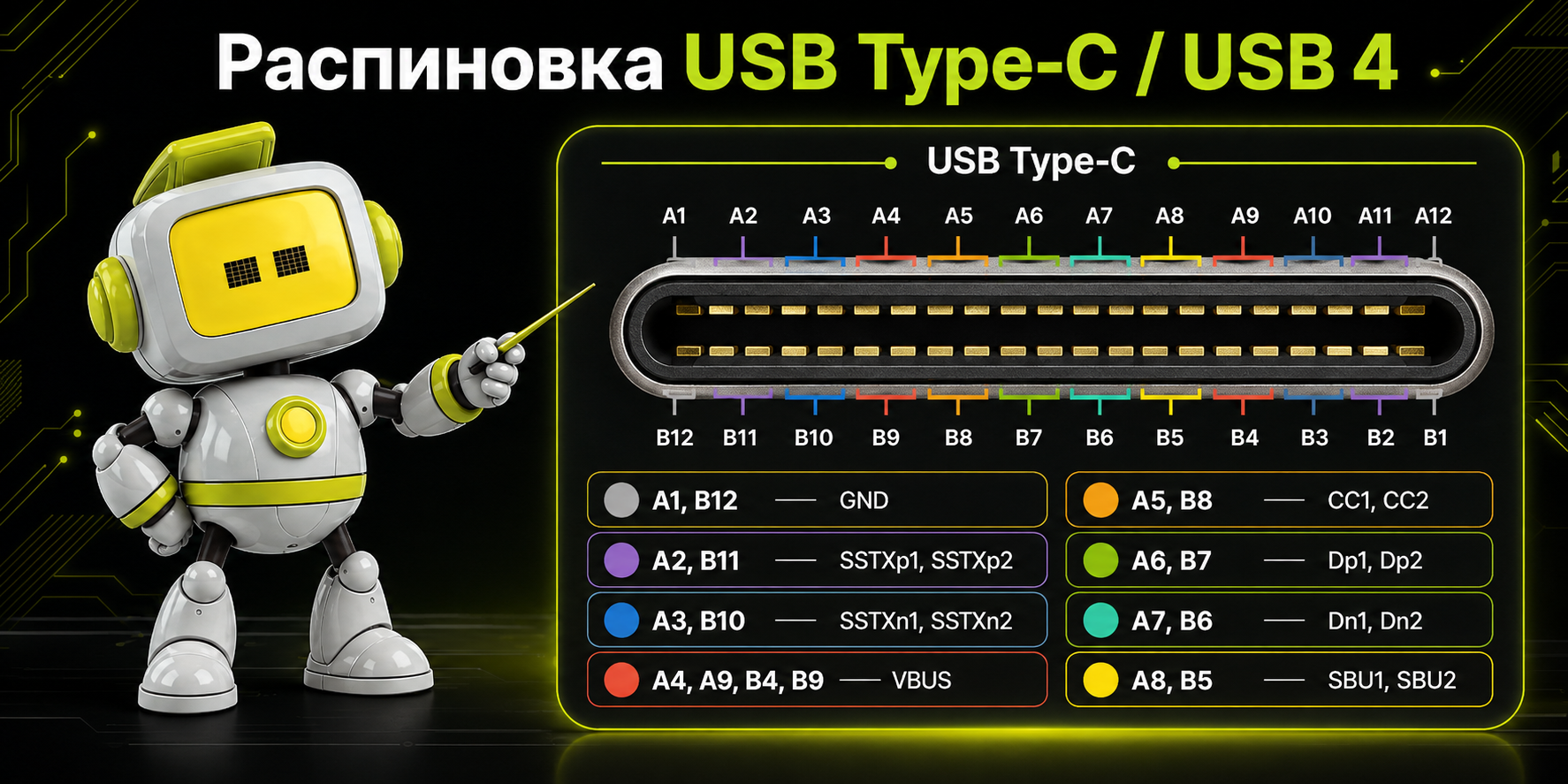 Распиновка USB Type-C и USB 4 с группами контактов