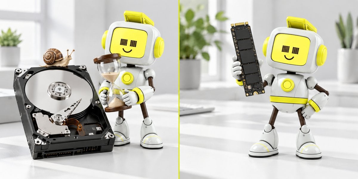Марти с песочными часами у старого HDD и Марти с быстрым SSD в руке на двух панелях