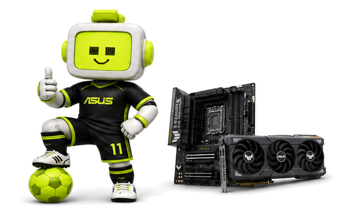 Марті у формі ASUS з м'ячем, материнська плата та відеокарта TUF Gaming