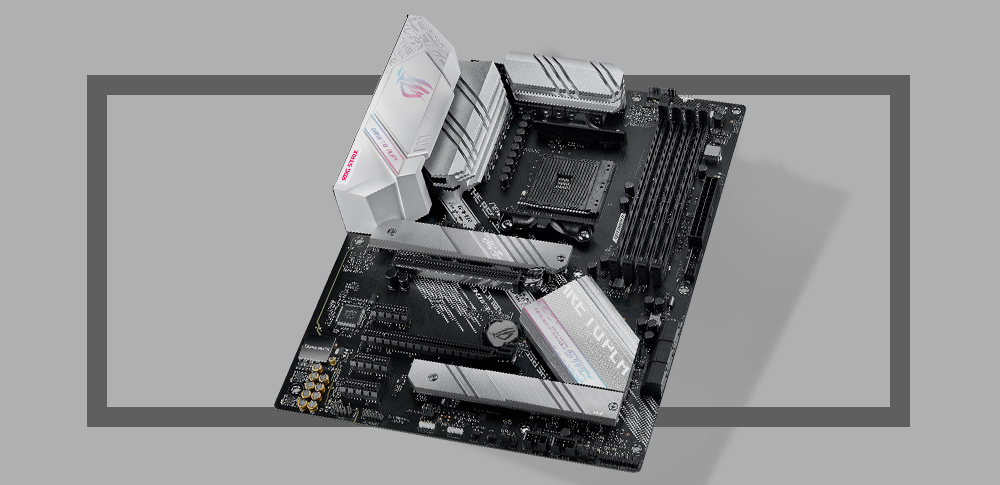 Дизайн ROG Strix B550-A Gaming у сріблясто-білих тонах