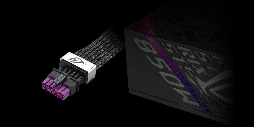 Крупний план блоку живлення ROG Strix 850W Platinum з кабелем ROG Equalizer (PCIe 12V-2x6), що демонструє витончений футуристичний дизайн на темному тлі.