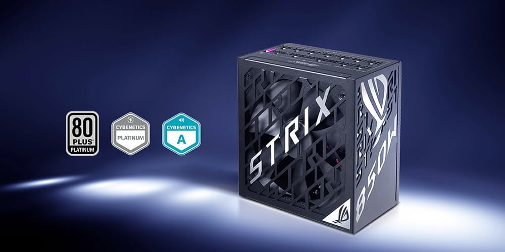 Блок живлення ROG Strix 850 Вт Platinum, зображений у боковому ракурсі, разом зі значками сертифікації 80 PLUS Platinum, Cybenetics Platinum та Cybenetics Lambda A на темно-синьому фоні з градієнтом.