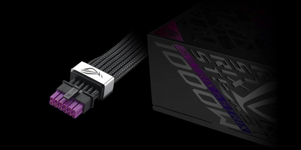 Крупний план блоку живлення ROG Strix 1000W Platinum з кабелем ROG Equalizer (PCIe 12V-2x6), що демонструє витончений футуристичний дизайн на темному тлі.