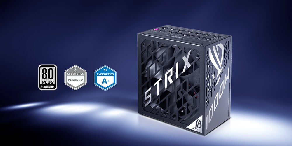 Блок живлення ROG Strix 1000 Вт Platinum, зображений у боковому ракурсі, разом зі значками сертифікації 80 PLUS Platinum, Cybenetics Platinum та Cybenetics Lambda A+ на темно-синьому фоні з градієнтом.